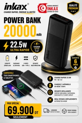Pack Power Bank Inkax 20000mAh 22.5W + Écouteurs E67 + Anti-Casse Nano Offerts